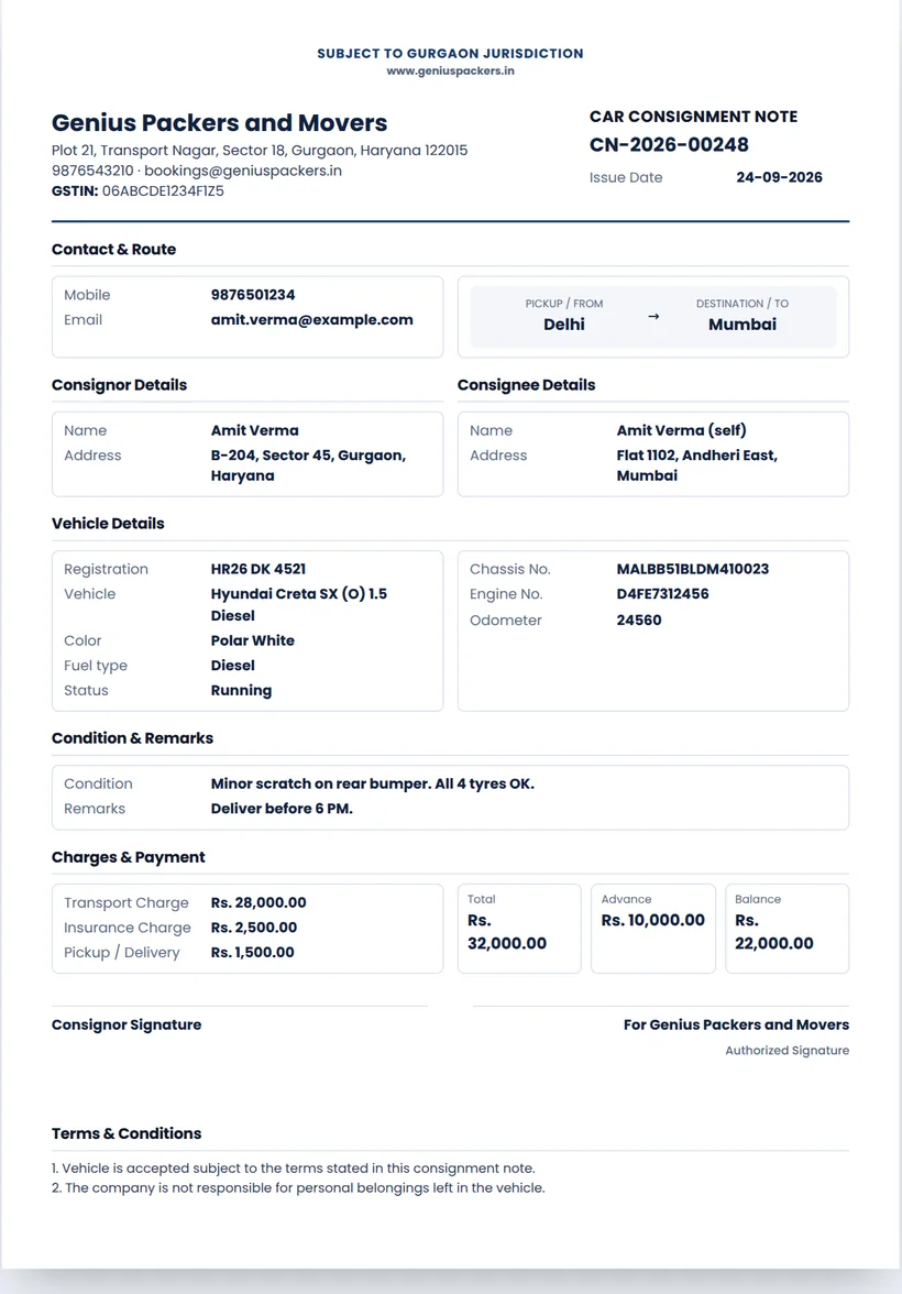 Car consignment note PDF